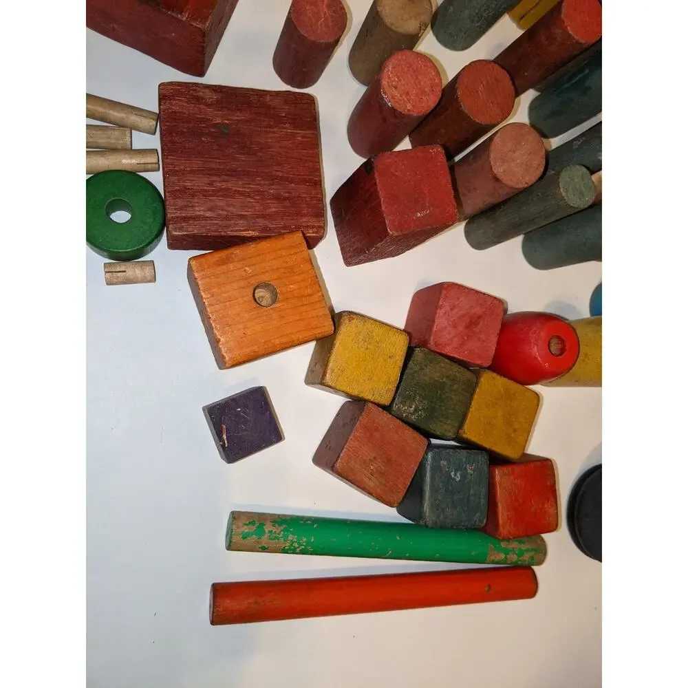 Lot Vintage Antique Children's Wooden Building Blocks Colored Scandinavian Rare